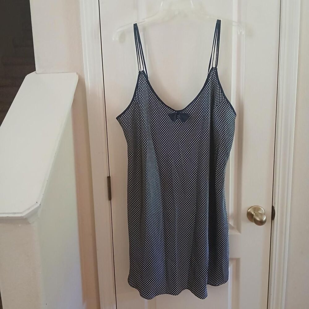 Y2K Vintage Morgan Taylor Intimates navy blue/white polka dot slip dress bow 2X